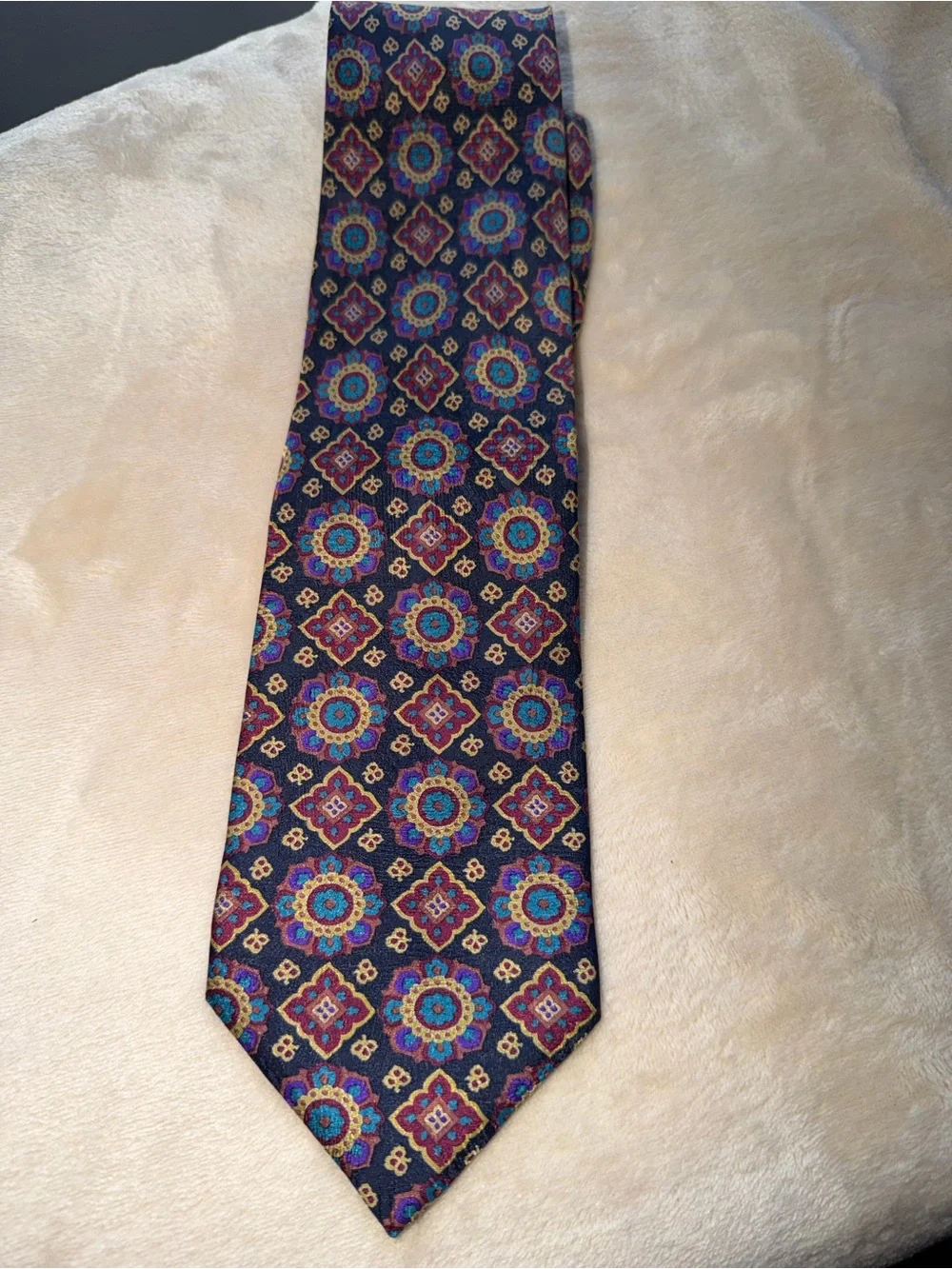 Men's Patterned Silk Tie in Navy with Multicolor Medallions